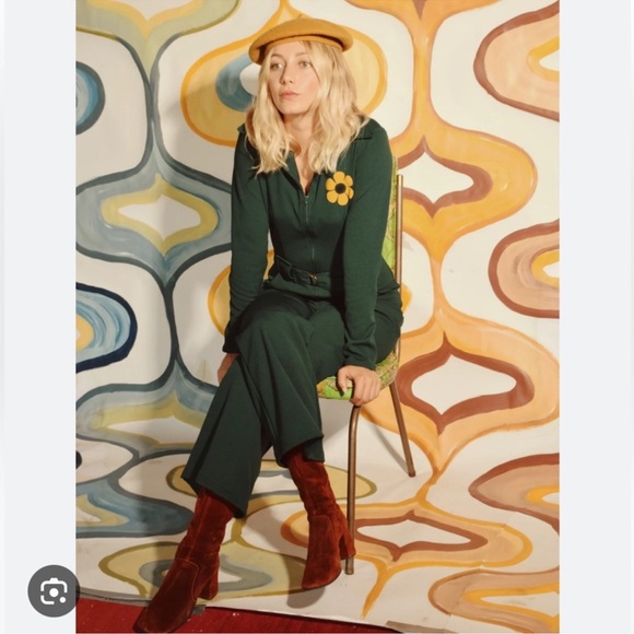 Miracle Eye Flower Power Jumpsuit in Evergreen vintage groovy 70s style - Picture 3 of 10